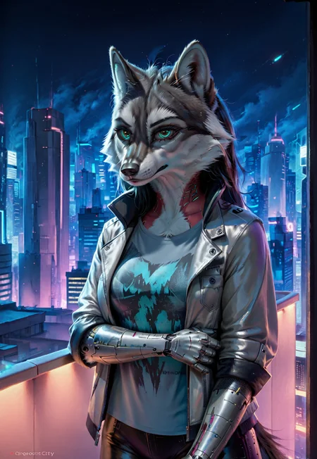 score_9, score_8_up, score_7_up, score_6_up, photorealistic, epiCPhotoGasm-colorfulPhoto, Realistic, highres, super high resolution, 8k, photo, furry, Furry, anthro, fur, wolf, female, long black hair, implants, implant eye, robot, furry, window, cyberpunk, night, cyber city, cyberpunk city, metallic eye, metallic arm, metallic fur, robot, jacket, silver jacket, thin body, T-shirt, night, roof, roofs, implanted hand, roof, city, cyberpunk city, cyberpunk, realistic, detailed, detailed fur,