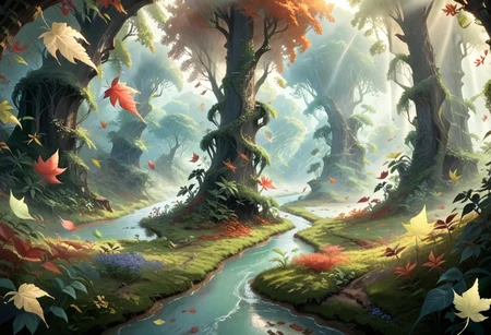 score_9,score_8_up,score_7_up, enchanting featuring rolling (fantasy fields:1.3) flowing into serene river, surrounded by lush greenery and blooming flowers, (leaves blowing in the breeze:1.3), (multiple leaves:1.4), under the soft glow of morning light, mythical forest in background, Fantasy background, light fog rolling in to the valley,