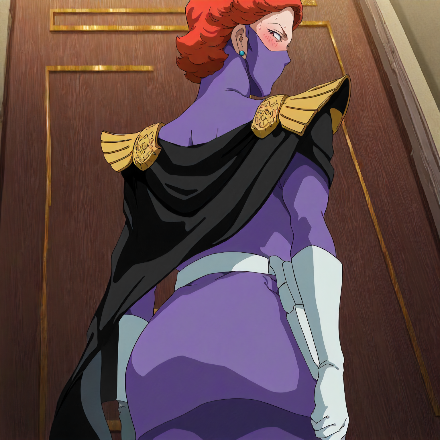 <lora:GOKycilia>,
masterpiece,best quality,good quality,newest,
blush,sweat,
looking at viewer,from below,
solo,
GOKycilia,1girl,orange hair,mask,ninja mask,red eyes,earrings,
purple military uniform,white belt,cape,capelet,white gloves,
standing,looking back,door,