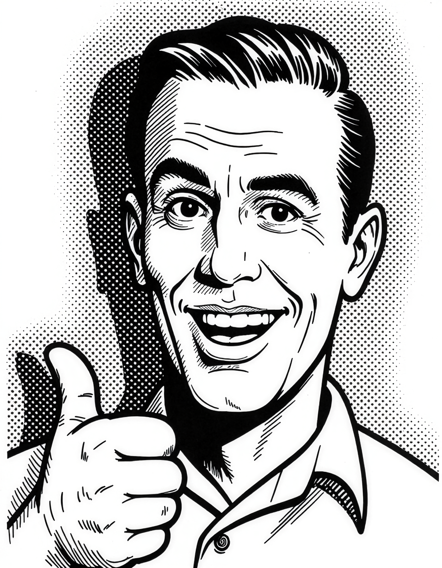 Retro comic book illustration in black-and-white style by Roy Lichtenstein, showcasing a smiling man with exaggerated expressions. Features bold lines, halftone dot patterns, and high-contrast shading. The character, dressed in a collared shirt, gives a thumbs-up against a plain background. The image encapsulates mid-20th-century pop art aesthetics.