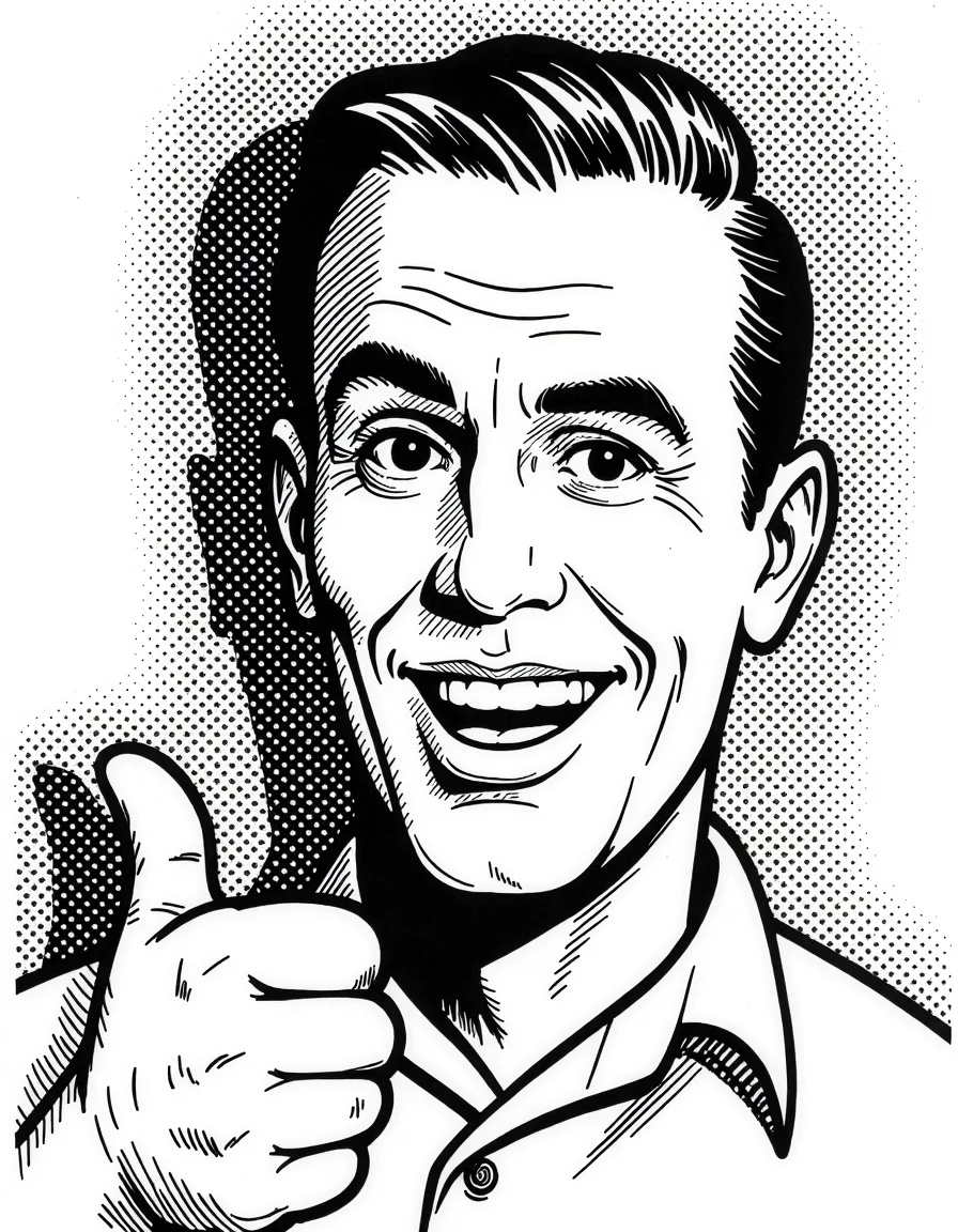 Retro comic book illustration in black-and-white style by Roy Lichtenstein, showcasing a smiling man with exaggerated expressions. Features bold lines, halftone dot patterns, and high-contrast shading. The character, dressed in a collared shirt, gives a thumbs-up against a plain background. The image encapsulates mid-20th-century pop art aesthetics.