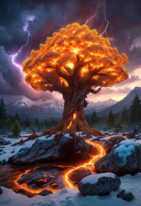 (by Ellen Jewett:1.5), (Fiery orange Bioluminescent Impressionism with lightning, mountain landscape, The Dreamland, Gibson Great Mountains, rock, sky, giant tree, great grand tree on mountains, great fire, great lightning, scenery, great great magical tree, sunset, sunrise , stream, lightining, snow and ice, ethereal landscapes, depth of field, biotech emotion:1.3) <lora:xl_more_art-full_v1:0.5> <lora:add-detail-xl:1> , ral-wlfnte <lora:RMSDXL_Creative:2>