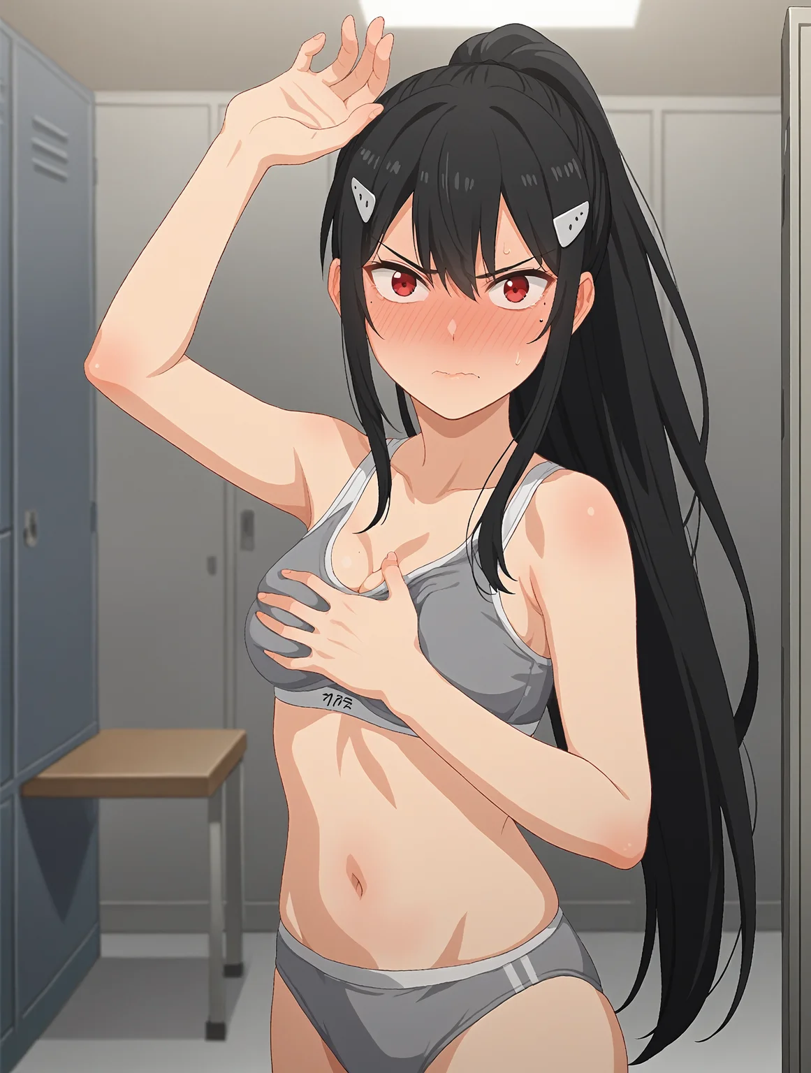 score_9, score_8_up, score_7_up,
1girl,solo,looking at viewer,
<lora:gostlapped.pony.v3:0.1>(imminentslap, readytostrike, arm up, covering breast) , open hand,
twisted torso, embarrassed, blush,
(angry:0.8), embarrassed, blush,
locker room,
<lora:MinaAshiro:0.8> minaashiro, black hair, ponytail, long hair, hair ornament, mole under eye, mole, red eyes,
sports underwear, grey bra, grey panties,