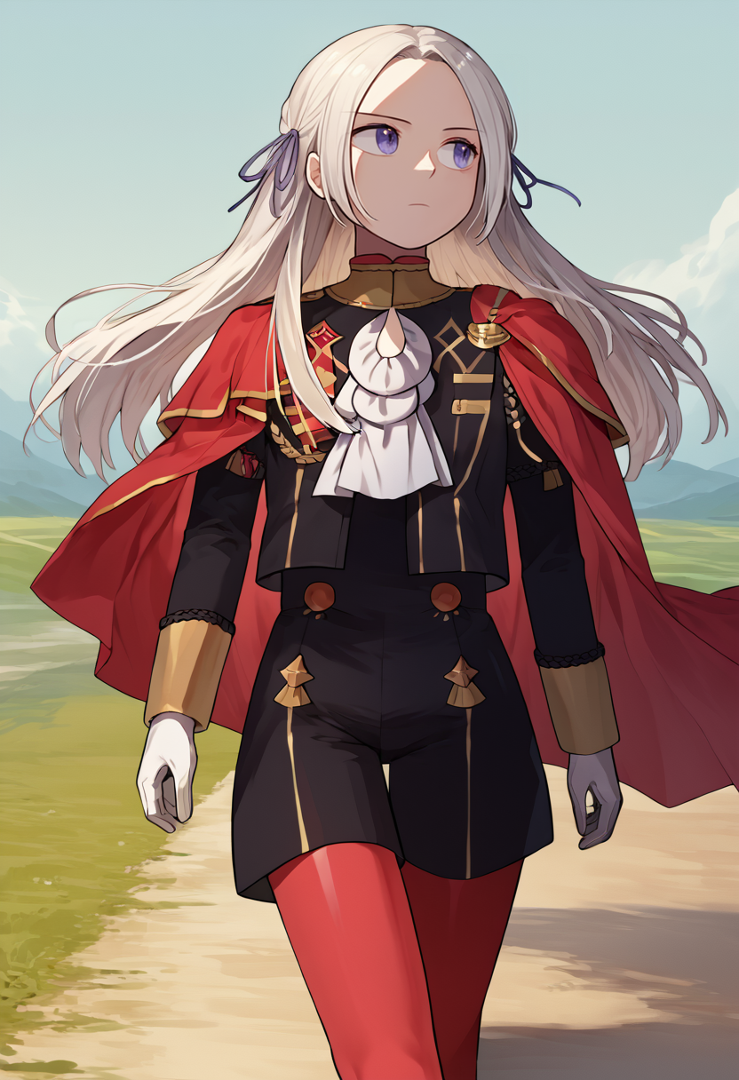 score_9, score_7_up, source_anime, solo, 1girl, defEdel, expressionless, looking away, walking, hair ribbon, long hair, side cape, black jacket, white ascot, black shorts, red pantyhose, white gloves, outdoors <lora:style_chocojax_ponyXL-000040:1> <lora:edelgard-pdxl-nvwls-v1:0.9>