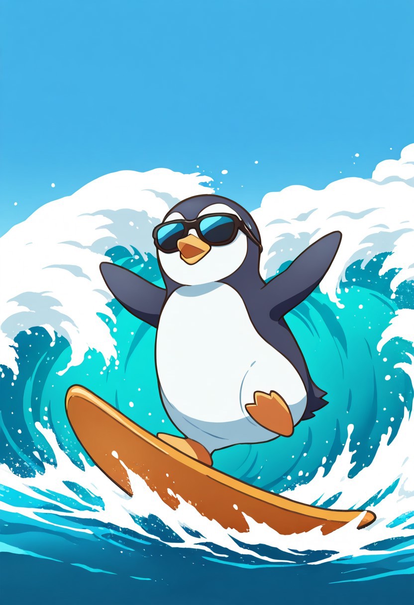 masterpiece, best quality, no humans, solo, cute penguin chick, fluffy, surfing, ocean, wave, sunglasses,