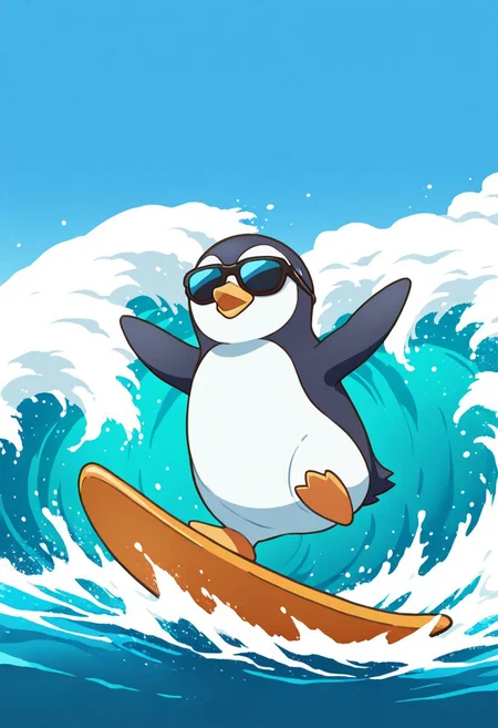 masterpiece, best quality, no humans, solo, cute penguin chick, fluffy, surfing, ocean, wave, sunglasses,