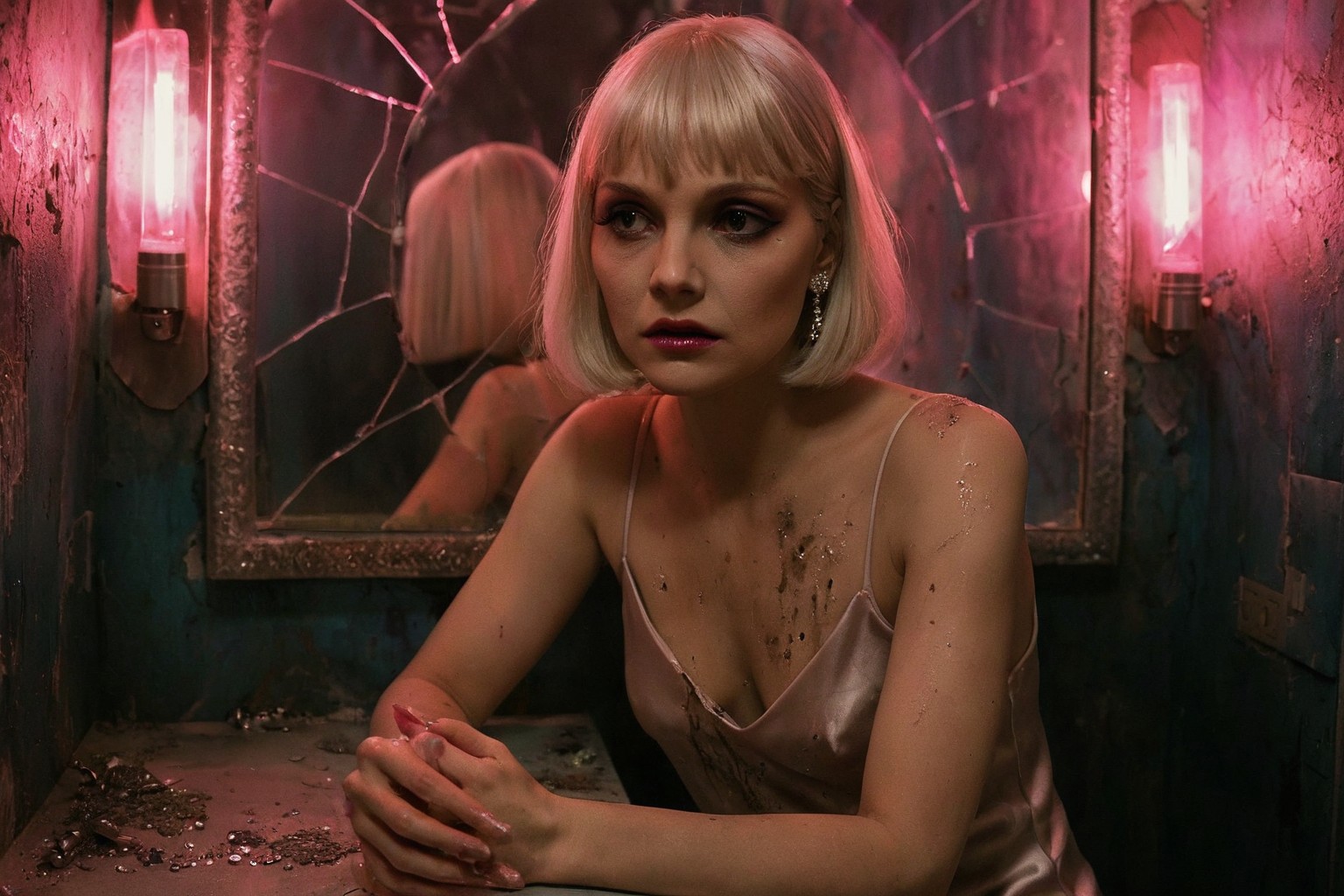cinematic still, Elvira Hancock, platinum blonde bob softly glowing in flickering pink vanity light, seated at a fractured mirror with fading lipstick and trembling hands, in a champagne silk slip dress now tinged with ash, gazing directly at the camera with hollowed elegance, tight close-up, eye-level angle, hell’s nightclub powder room turned shrine of rot and rhinestones, mood of withered perfection and fragile poise, hot pink and pale lavender light pulsing from cracked bulbs, color theme of scorched ivory, neon blush, and decayed silver, style inspired by The Neon Demon
