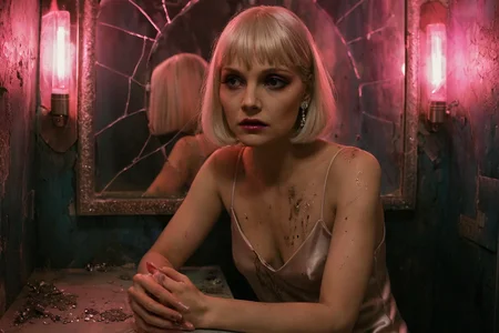cinematic still, Elvira Hancock, platinum blonde bob softly glowing in flickering pink vanity light, seated at a fractured mirror with fading lipstick and trembling hands, in a champagne silk slip dress now tinged with ash, gazing directly at the camera with hollowed elegance, tight close-up, eye-level angle, hell’s nightclub powder room turned shrine of rot and rhinestones, mood of withered perfection and fragile poise, hot pink and pale lavender light pulsing from cracked bulbs, color theme of scorched ivory, neon blush, and decayed silver, style inspired by The Neon Demon
