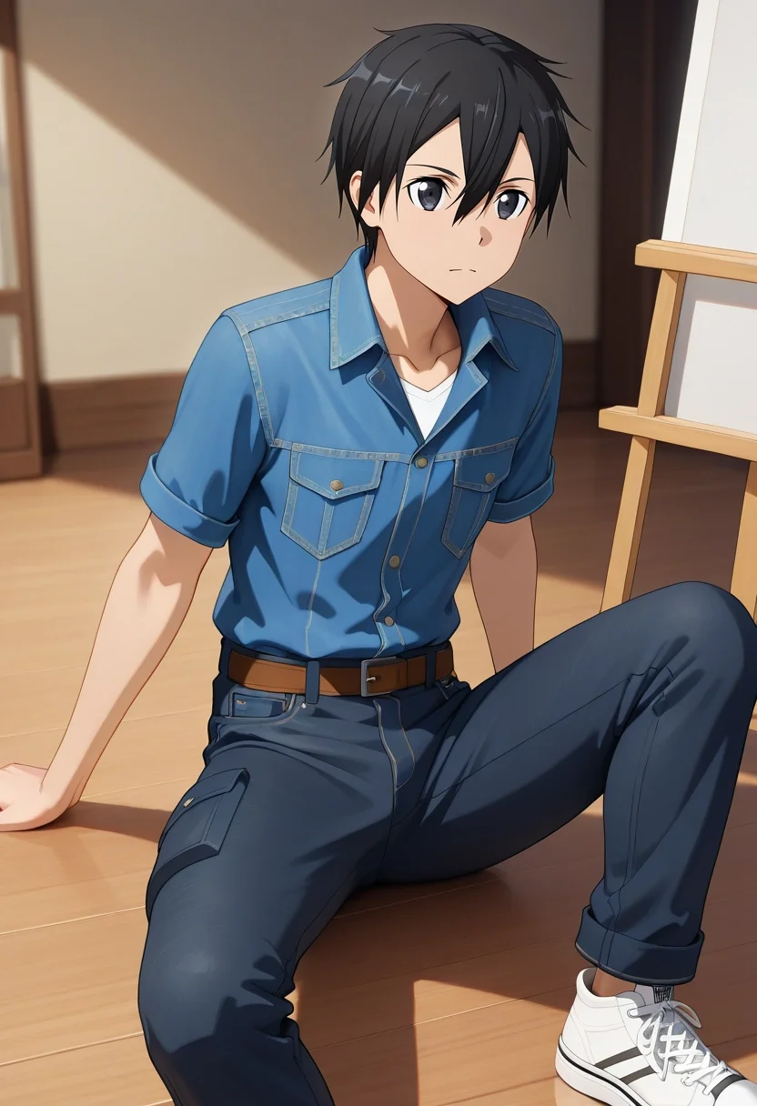 masterpiece, best quality, , (3d:0.4), , 1boy, solo, male focus, <lora:kazuto_kirigaya_ilxl:0.9>, kazuto_kirigaya, kirito, black hair, black eyes, short hair, hair between eyes, , Utility pants, Western denim shirt, Canvas sneakers, ,