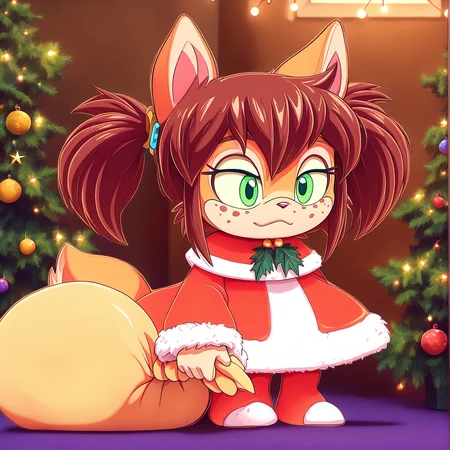 padoru <lora:padoru-IL-1.0:1>, masterpiece, perfect quality, best quality, anime coloring, Rocketgirl, 1girl, solo, animal ears, furry female, tail, brown hair, long hair, green eyes, bangs, freckles, brown fur, sidelocks, twintails, two-tone fur, christmas background <lora:Rocketgirl_v05:1>