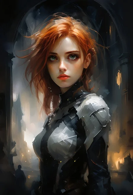 A woman with Red hair and Luminous eyes looks at the camera, Beautiful picture of the character, character portrait, character portrait, 🤤 Charlie Bowater character art, epic portrait illustration, подробныи character portrait, neo-artcore and Charlie Bowater, high quality portrait, fantasy concept art portrait, detailed matte fantasy portrait, charlie bowater art style, Detailed beautiful portrait, fantasy art portrait, dark, chiaroscuro, low-key, oil and watercolor painting