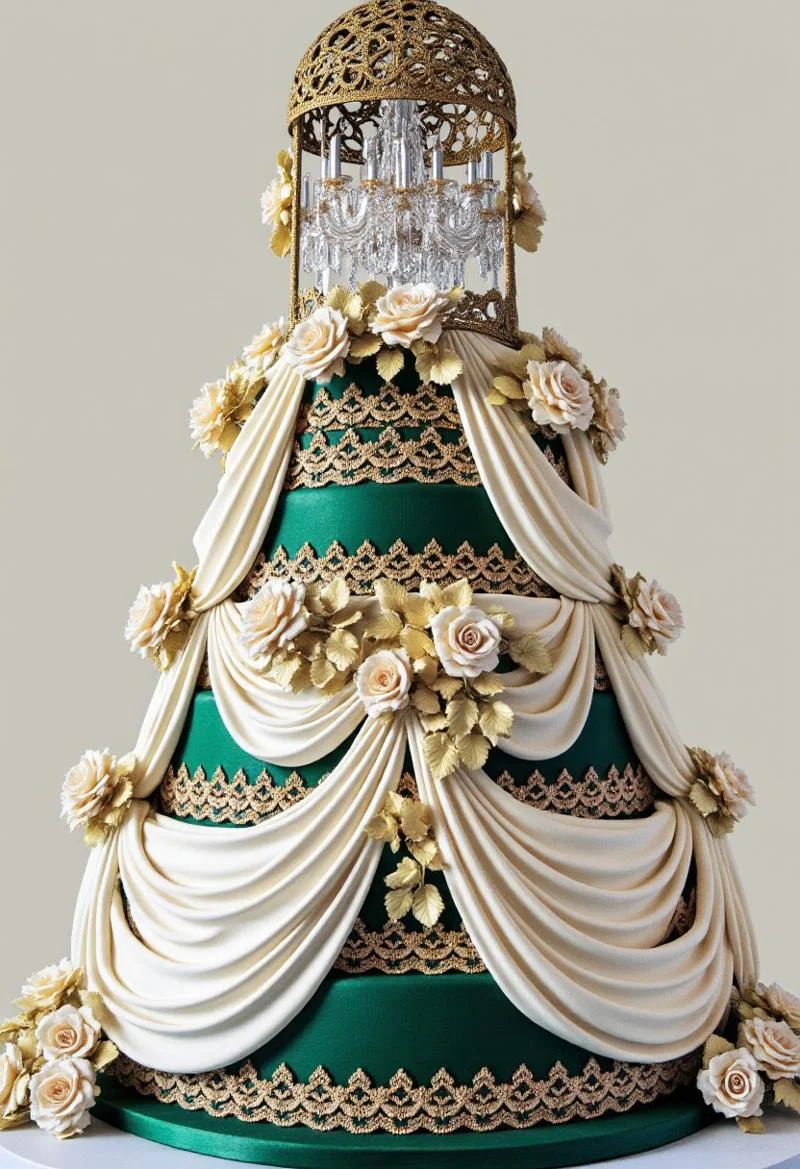 A towering 10-tier wedding cake inspired by the grandeur of a royal ballroom, with alternating emerald green and ivory tiers wrapped in delicate gold lace filigree. Cascading sugar drapery mimics flowing silk, while hand-sculpted sugar roses and gilded leaves spill from each tier. The centerpiece is an ornate sugar chandelier suspended within a gilded sugar dome, encrusted with edible pearls and shimmering gold accents.