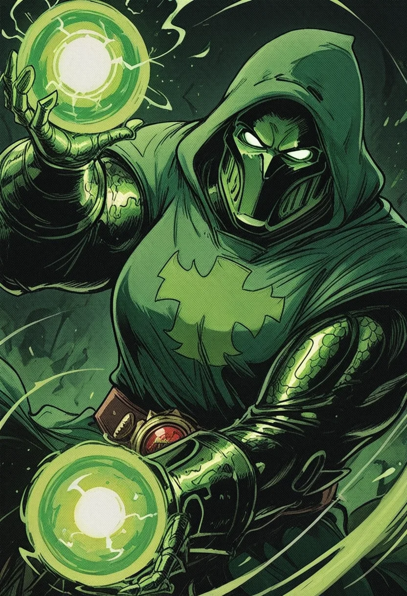 813nm0hstyle, masterpiece, best quality, solo, Doctor Doom, green hood, metal mask, holding green energy ball,