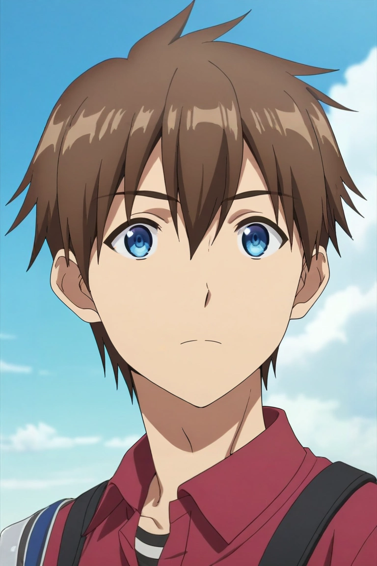 score_9, score_8_up, score_7_up, , rating_safe, , anime screencap, anime coloring, official style, , depth of field, 1boy, solo, male focus, <lora:kyouya_hashiba_pony:0.8>, kyouya_hashiba, brown hair, blue eyes, short hair, bangs, hair between eyes, symmetry, armory, day, clouds, legs up, :\3, , <lora:sdxl_lightning_8step_lora:1>