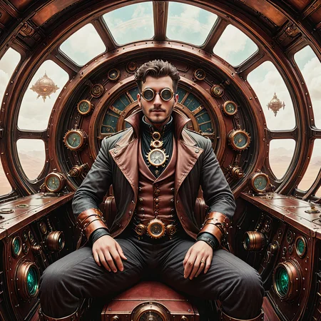 A man sitting in the cockpit of a steampunk spaceship.

<lora:Steampunk01_CE_XL_200-OT:0.6> stmpnkCE_style