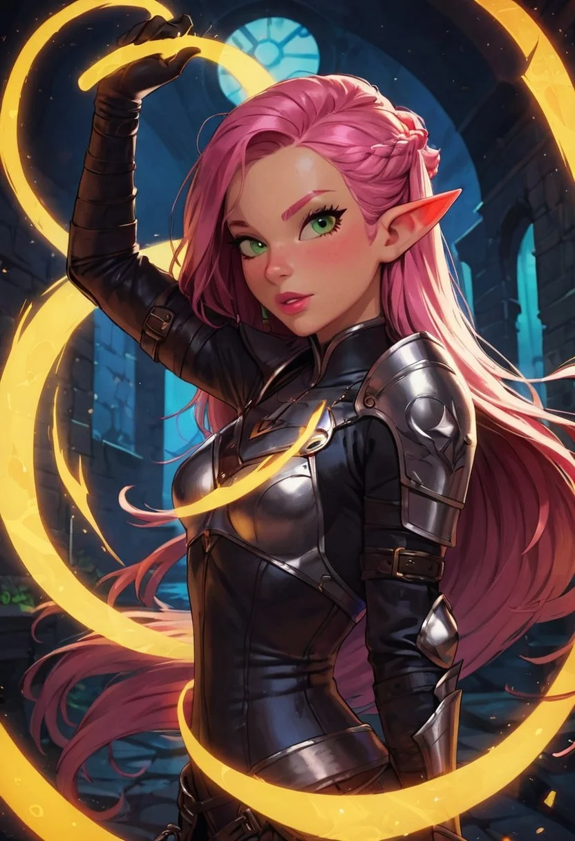 safe_pos, score_9, score_8_up, score_7_up, pov from the side, dynamic pose, beautiful, pink hair, female elf, glowing green eyes, long hair, small breasts, pink lipstick, dark black leather armor, holding enchanted shortsword, the sword is black with silver glowing details, dungeon background,
BREAK
(((full clothed)))