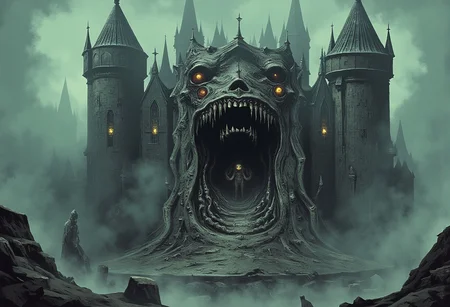 Ilustration in DarkestDungeon style of ruined castle placed on the island that is floating in the air above the mountains covered in Creeping Fog.
The castle is overgown with shapeless flesh growin in random part of the castle, the flesh on castle walls is also covered in eyes, eyes on the fleshy parts of castle are empy, black and have no pupil or iris, just pure black sclera.
In the castle windows there are diffrent set of eyes, massive glowing yellow ones with red glowing pupils.
The castle gate is a gianting gaping mouth filled with multiple ets of teeths.
the ground around the castle is filled with old bones, and fleshy tentacles.