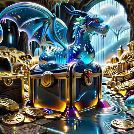 1dragon, highly detailed blue dragon, blue dragon made out of slime, scaly blue slime dragon, slime dragon with red eyes, blue slime dragon laying in its hoard, blue slime dragon with wings, dragon wings,
multi-colored gems made out of slime, in a room of treasure made out of slime, gold coins and bars made out of slime, wood-like treasure chest made out of slime, wood-colored slime chest, individual coins made out of slime, gold slime coins, piles of coins,
treasure-room, treasure, treasure chest, gemstone, coins, gold bars, gold pile,
everything made of slime, No simple background,
((translucent slime)), ((transparent slime)), (bioluminescent slime), sl1m3, slime, ais-blmn, watce, je11y, thickwater, great lighting, ral-lava, even lighting, no bright spots, saturated colors,