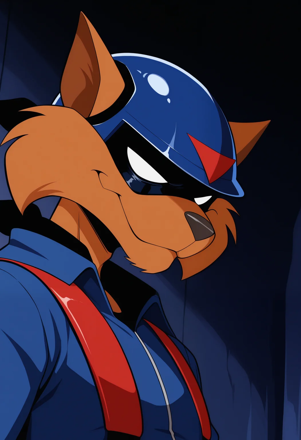 masterpiece,best quality,amazing quality, 1boy, solo, 1boy, solo, j4k3, furry, orange fur, no pupils, black bandana mask, helmet, blue bodysuit, red harness, close up, side angle, smirk,