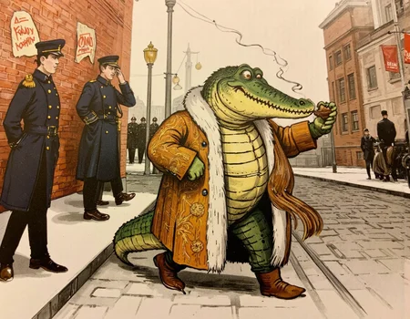 <lora:suteev-000004:1>, Digital painting of a smug, anthropomorphic crocodile dressed in an opulent fur coat with intricate embroidery and golden trim, strutting confidently down a snow-covered street in revolutionary Petrograd. His scales gleam under the pale winter light as he puffs on a thick cigar, a thin spiral of smoke curling upward. A tsarist policeman (gorodovoy) in a dark blue uniform with shiny buttons and a bushy mustache stands stiffly at attention, saluting with nervous deference. Beside him, a rough revolutionary sailor in a striped shirt and tattered cap snaps a half-mocking, half-impressed salute, his eyes wide with amusement.
The scene is richly detailed yet cleanly stylizedâno shadows, no extra limbs, and crisp, vibrant colors. The cobblestone street is dusted with snow, faint tram tracks visible beneath, while vintage lampposts cast a soft glow. In the background, faded propaganda posters (e.g., 'Ðолой ÑаÑÑ!') peel off brick walls, and distant silhouettes of 1917 Petrograd buildings complete the setting. The atmosphere is playful and slightly absurd, blending historical satire with classic childrenâs book charm. The crocodileâs smug grin, the policemanâs uneasy posture, and the sailorâs rebellious smirk are all exaggerated for comedic effect, keeping the composition lively and engaging