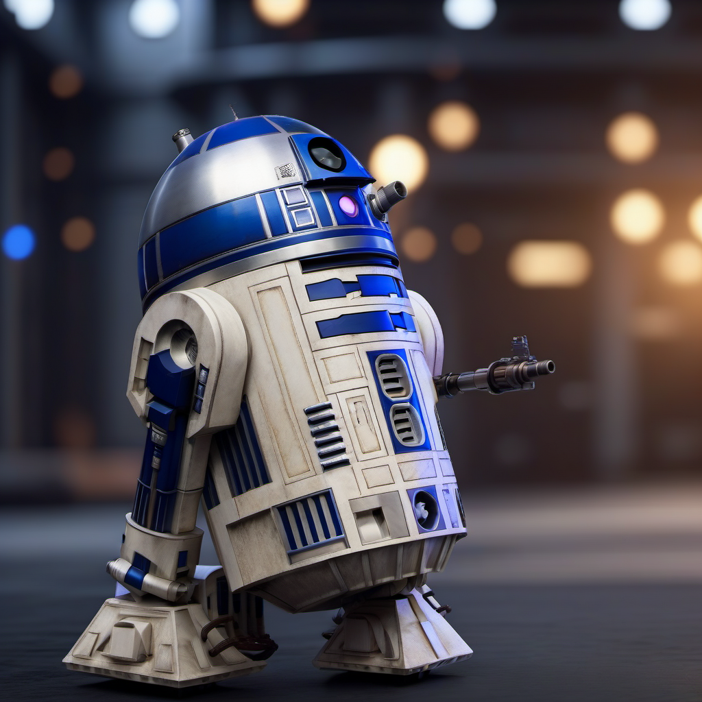 R2D2-1024, a robot weaponized with a machinegun, highly detailed, photography, ultra sharp, film, bokeh, professional, 4k  <lora:R2D2-1024:0.7>