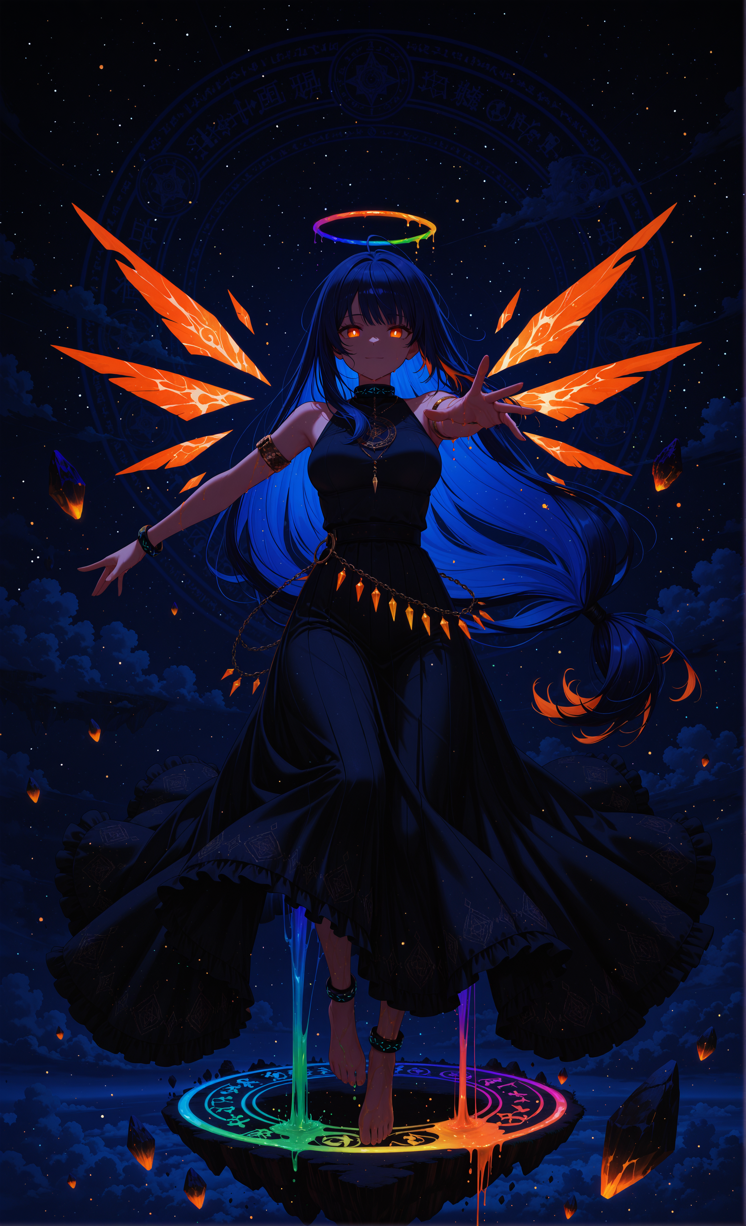 masterpiece, high quality, sharp detail, intricate detail, detailed hair, 1girl,  dark blue hair, orange tips, vivid orange eyes, white pupils, looking at viewer, glowing eyes, soft smile, low-tied long hair, glowing halo of rainbow light, rainbow halo, glowing inner hair, long skirt, barefoot, armlet, anklet,  (rainbow liquid, dripping rainbow liquid from arm, rainbow liquid on clothes), outstretched arm to viewer, casting spell, rainbow magic circle, casting spell to viewer,   detached wings, orange crystal wings, medium breasts, arknights style, floating island, floating stones, levitation, flying, gradient background, in the sky, above sky, clouds, backlighting,  chiaroscuro, volumetric lighting, dappled light, dramatic shadows, cinematic lighting, detailed background, light and shadow contrast, dark,  <lora:illustriousXL_stabilizer_v1.72:0.3> <lora:MeMax5-noob-vpred:0.5>, <lora:r-hrtdrp:0.6> <lora:darkness_xl_v20:0.6> <lora:NOOBVP1_spirals_of_light_prod_v1:0.6>