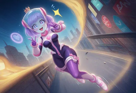 score_9,score_8_up,score_7_up,score_6_up,score_5_up,1girl, front_view,symmetrical,rainbow bodysuit,(jewels:1.4),gems, curvy,source_anime,my hero academia,(uraraka_ochako),short hair,super hero costume,(brown_hair),(green_eyes),round pink and purple gems in bracalets,gold bracalets with round gems, white gauntlets,white and purple boots,print purple bodysuit (city,neon sign),floating,spiked rocks,debris,dust clouds,flying obs,slime-morph,destroyed machines,television,multicolored helmet,sl1m3d,helmet in hand,thigh straps,(print circle),traffic light,traffic sign,purple gemestone,gold necklace with jewels), holding purple orb,spiked gold belt with gun case,bullet belt,(orbs:1.6),(pale skin),(jewelry:1.4),(tattoos;1,4),slime with shiny rainbow lights,neon lines print on bodysuit,(wide hips),(thick thighs),(hand signs),(perfect hands),(toxicity danger),(motion lines:1.4),sweat,??,(trembling lines:1.4),(flying sweatdrops:1.4), (happy),(illustration),(thick outline),glowing eyes,city,bus stop, store window,posters,graffitti,staircase to subway,((sparkles)), dynamic pose,(motion lines:1.4),(thick outlines:1.4),(steam),big eyes,steamy breath,spoken slime,belt,weapons,crown,tongue, masterpiece,best_quality,newest,absurdres,best shadow,light particles,highly detailed background,amazing quality,highly detailed_skin,very_detailed_clothes,power_lines,speed lines, emphasis_lines,very_aesthetic,dynamic_angle,high quality,4k, best shadow,bodysuit made of slime<lora:add-detail-xl:2>