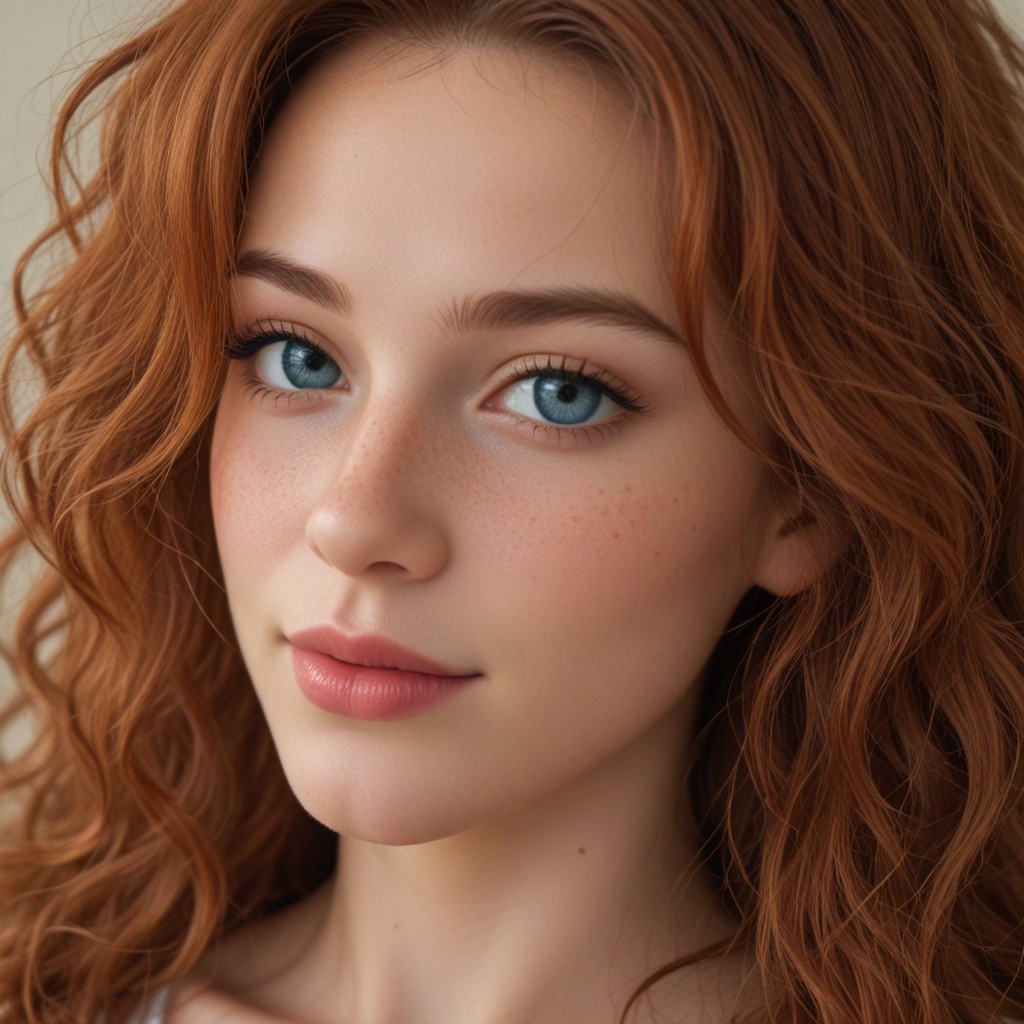A portrait of a stunning redhead woman with bright and deep red long hair, curly hair that frames her face beautifully, She has clear and luminous blue eyes, smooth and fair skin with a subtle glow and freckles, the expression on her face is a seductive smile, The lighting is soft and natural, creating a warm and inviting atmosphere. The overall mood is serene and captivating, attention to detail in the texture of her hair and the sparkle in her eyes.<lora:seductive-smile-ponyxl-lora-nochekaiser:1>, seductive smile, come hither, naughty face,