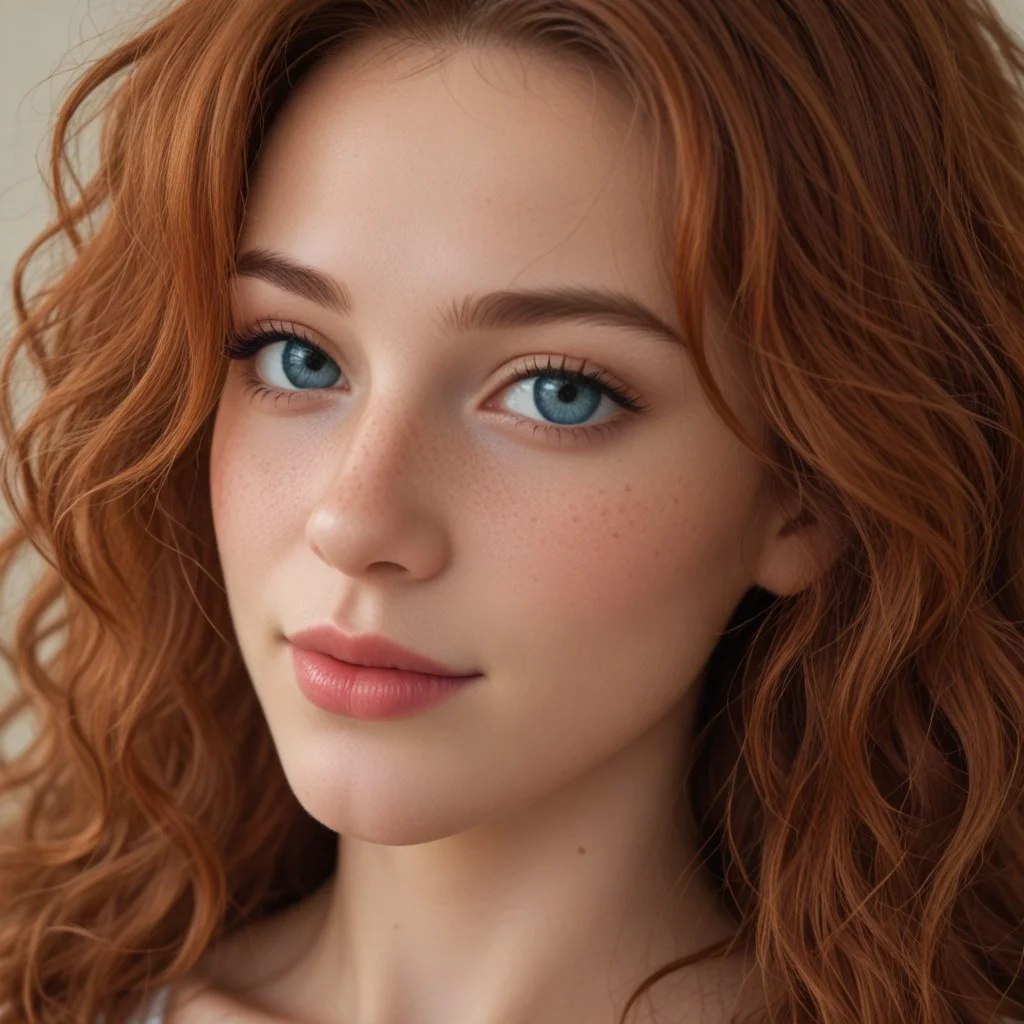 A portrait of a stunning redhead woman with bright and deep red long hair, curly hair that frames her face beautifully, She has clear and luminous blue eyes, smooth and fair skin with a subtle glow and freckles, the expression on her face is a seductive smile, The lighting is soft and natural, creating a warm and inviting atmosphere. The overall mood is serene and captivating, attention to detail in the texture of her hair and the sparkle in her eyes.<lora:seductive-smile-ponyxl-lora-nochekaiser:1>, seductive smile, come hither, naughty face,