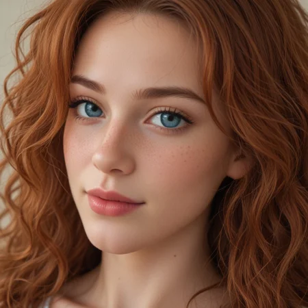 A portrait of a stunning redhead woman with bright and deep red long hair, curly hair that frames her face beautifully, She has clear and luminous blue eyes, smooth and fair skin with a subtle glow and freckles, the expression on her face is a seductive smile, The lighting is soft and natural, creating a warm and inviting atmosphere. The overall mood is serene and captivating, attention to detail in the texture of her hair and the sparkle in her eyes.<lora:seductive-smile-ponyxl-lora-nochekaiser:1>, seductive smile, come hither, naughty face,