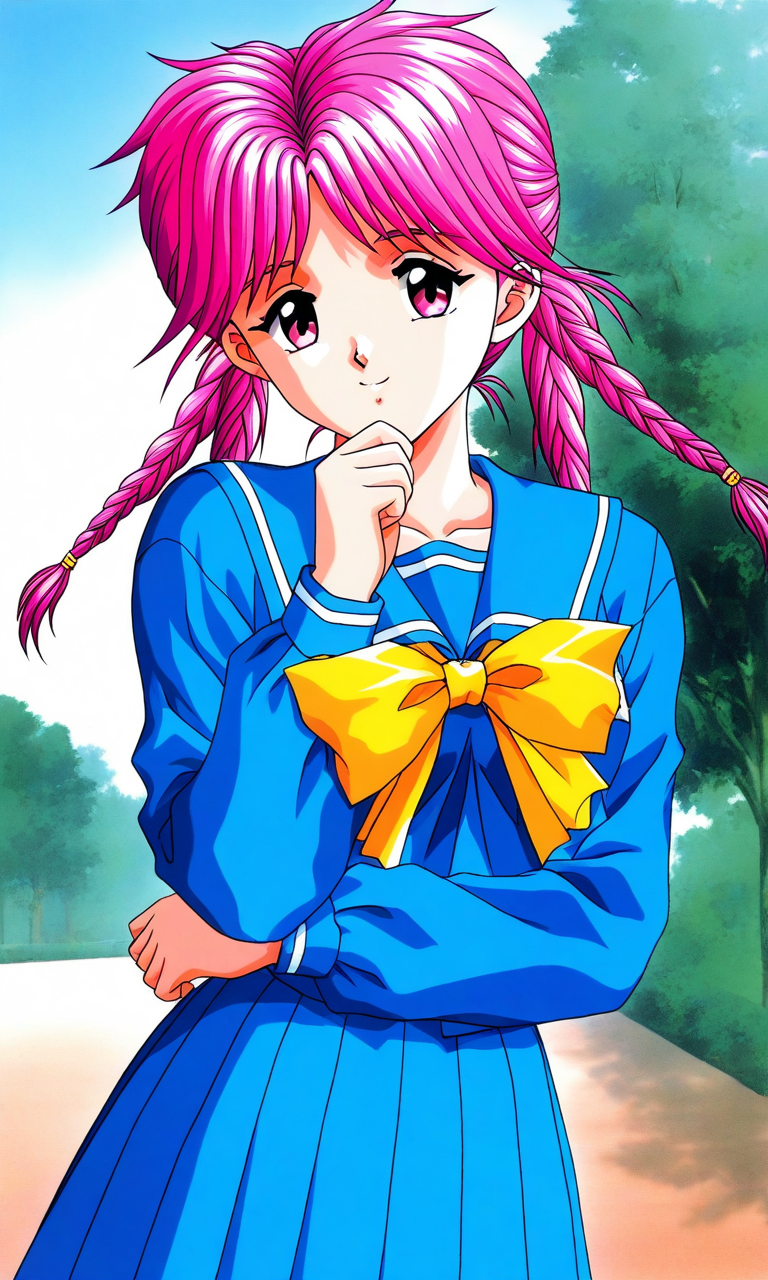 general,highres, ultra-detailed,very aesthetic,best quality ,best hands, BREAK  <lora:Koshiki_Yukari_Tokimeki_Memorial_IS:1>
Koshiki_Yukari(Tokimeki_Memorial), 1girl, solo, pink hair, twin braids, long hair, pink eyes, bangs,
school uniform, blue serafuku, blue skirt, Yellow bow, 
sailor collar, blue sailor collar, smile, long sleeves, pleated skirt, hand on own chin,
outdoor, tree, sky,