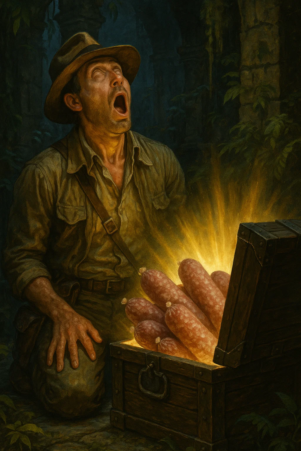 an explorer kneeling in front of an open chest that glows with an aura, his mouth open in complete awe, his eyes rolling to the back of his head, unable to comprehend the pure magnificence , in an overgrown temple, dramatic lighting, the open chest glows with a holy aura, it's stuffed with large salamis. indiana jones can't believe it