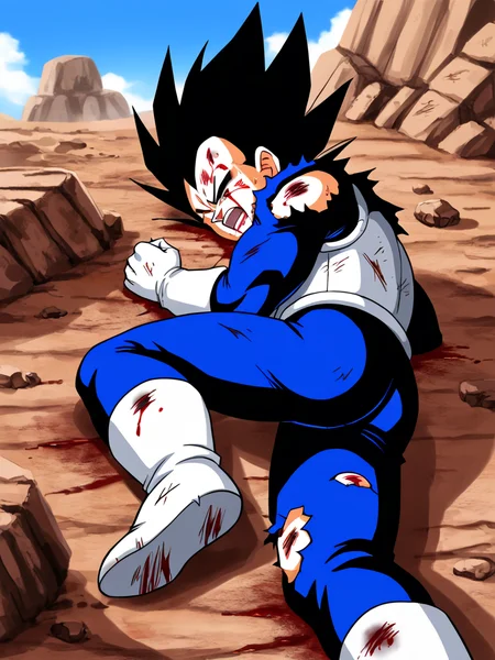score_9,score_8_up,score_7_up,score_6_up, yamchapose, lying, on side, closed eyes, ripped, dent, rubble,
vegeta, solo, open mouth, black hair, gloves, 1boy, male focus, one eye closed, sky, teeth, white gloves, black eyes, torn clothes, blood, muscular, spiked hair, injury, dirty, bruise, bruised eye, blood from mouth, torn bodysuit, saiyan armor, v-shaped eyebrows, looking at viewer, clenched hand, blue bodysuit, damaged armor
<lora:meme_yamchapose_ponyXL:0.7> <lora:vegeta_pony_v1:0.5> <lora:Pony_DetailV2.0:0.75>