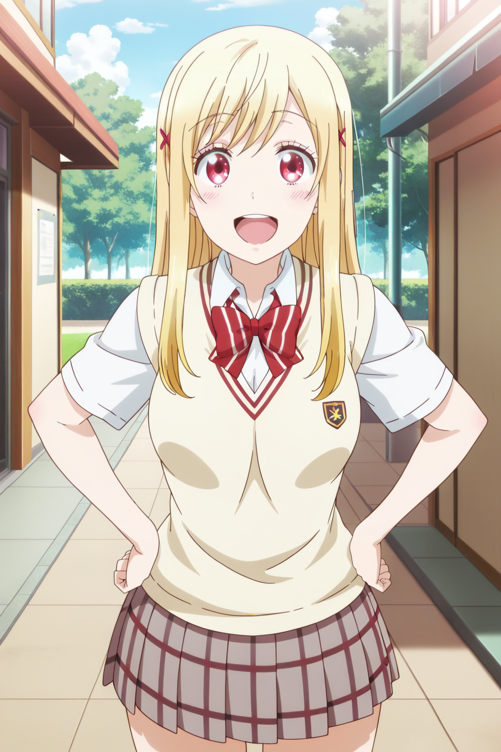 anime screenshot, 1girl, solo, shiraishi urara, blonde hair, long hair, x hair ornament, red eyes, large breasts, school uniform, white shirt, collared shirt, short sleeves, yellow sweater vest, red bowtie, striped bowtie, grey skirt, plaid skirt, pleated skirt, looking at viewer, smile, open mouth, hands on own hips, cowboy shot, outdoors, masterpiece, best quality, high quality, highres, absurdres,  <lora:shiraishi_urara_ILXL:0.9>