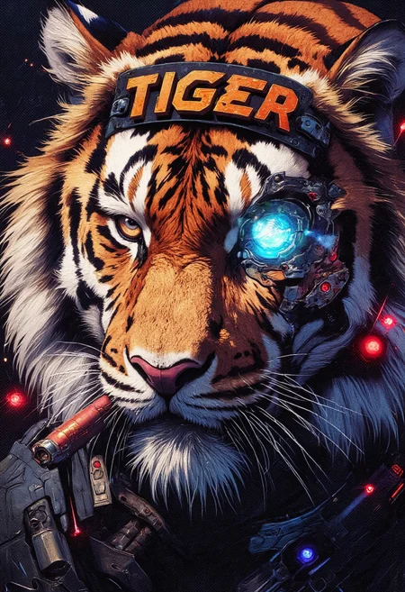 ((A close-up portrait))
A stylized digital illustration of a fierce tiger close up portrait with an intense expression. The tiger wears a black headband with the word "TIGER" written in bold orange letters. It has piercing blue eyes, and a cybernetic enhancement over one eye. The tiger is smoking a thick cigar, with smoke curling upwards, and the cigar's tip glowing red-hot. The background is dark, textured black, which makes the vibrant orange and white fur stand out. The overall style is bold, modern, and slightly futuristic, with sharp lines and high contrast.,
(Cyberpunk realism, Biomechanical details) (Dynamic lighting with neon highlights) (((glowing circuits, metallic implants)))