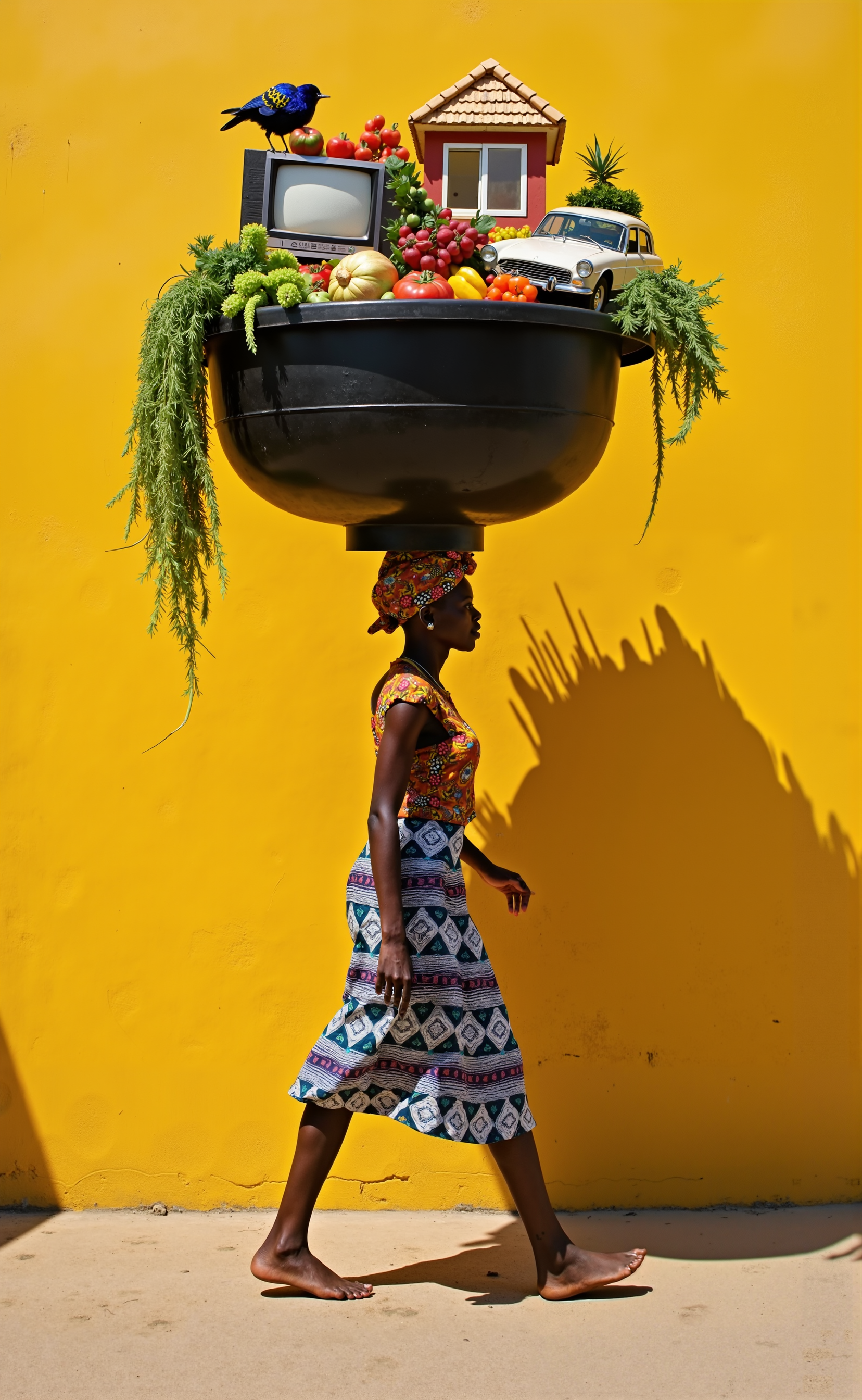 A barefoot African woman walking gracefully in profile against a vibrant yellow wall. She is balancing an oversized black plastic basin on her head, overflowing with various vegetables—alongside surreal, realistically scaled objects such as furniture, a television, a full-sized automobile, and even an entire residential house. Some of these items are impossibly spilling out as she walks, defying gravity and logic. She wears a colorful patterned headwrap, a matching top, and a traditional wrap skirt with blue and white designs. The lighting is warm and soft, casting gentle shadows on the ground. The scene is rich in color and culture, blending grounded reality with whimsical surrealism to evoke strength, rhythm, and an imaginative sense of balance and burden.