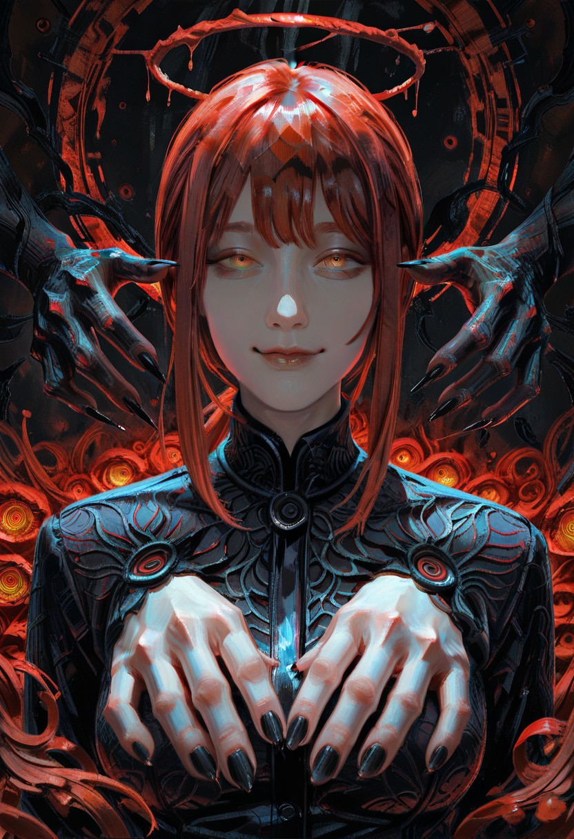flowersblood, film grain, textured,  artist: yadu nadu, artist: zhutao, glowing theme, 
1girl, makima \(chainsaw man\), patterned clothing, patterned hair, reaching reaching towards viewer, foreshortening, black nails, sharp fingernails, ringed eyes,  dissolving, blending, abstract background, very dark theme, red theme, black theme,  glowing halo, red halo, dark fog, gradient hair, gradient background, dark background,  head tilt,  
yellow eyes, ringed eyes, looking at viewer, smug, pale skin, sidelight, sidelighting, red light rays, closed mouth,   too many eyes, too many hands,
masterpiece, best quality, amazing quality,  very aesthetic, beautiful illustration,
<lora:CADENZA:0.4>,
<lora:Flowersblood:0.8> flowersblood,