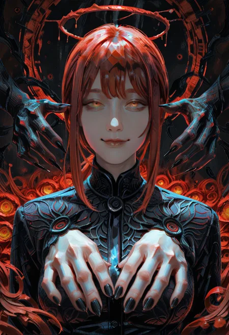 flowersblood, film grain, textured,  artist: yadu nadu, artist: zhutao, glowing theme, 
1girl, makima \(chainsaw man\), patterned clothing, patterned hair, reaching reaching towards viewer, foreshortening, black nails, sharp fingernails, ringed eyes,  dissolving, blending, abstract background, very dark theme, red theme, black theme,  glowing halo, red halo, dark fog, gradient hair, gradient background, dark background,  head tilt,  
yellow eyes, ringed eyes, looking at viewer, smug, pale skin, sidelight, sidelighting, red light rays, closed mouth,   too many eyes, too many hands,
masterpiece, best quality, amazing quality,  very aesthetic, beautiful illustration,
<lora:CADENZA:0.4>,
<lora:Flowersblood:0.8> flowersblood,