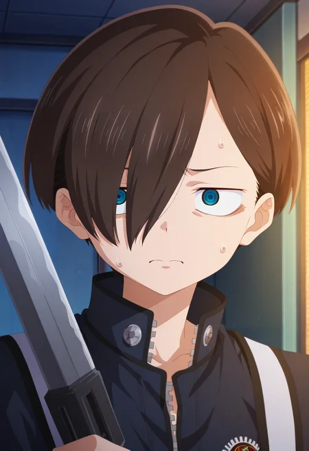 masterpiece, best quality, intricate details, anime screencap, anime coloring, official style, , 1boy, solo, male focus, <lora:kyoutarou_ichikawa_ilxl:1>, kyoutarou_ichikawa, brown hair, blue eyes, short hair, hair over one eye, bangs, focused, death valley, indoors, holding weapon, nervous,
