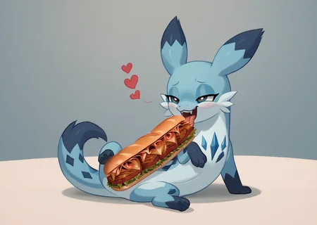 score_9, score_8_up, score_7_up, score_6_up, score_5_up, score_4_up, feral chillet licking a sandwich, tongue, freshcock, eatfresh, behaving like a cat, blue body, full body, show accurate, cute, dark blue diamond chest markings, resourceful, bedroom eyes, transparent background, dazzling<lora:chillet-v3e10:1>,<lora:EatfreshPDXL:1>