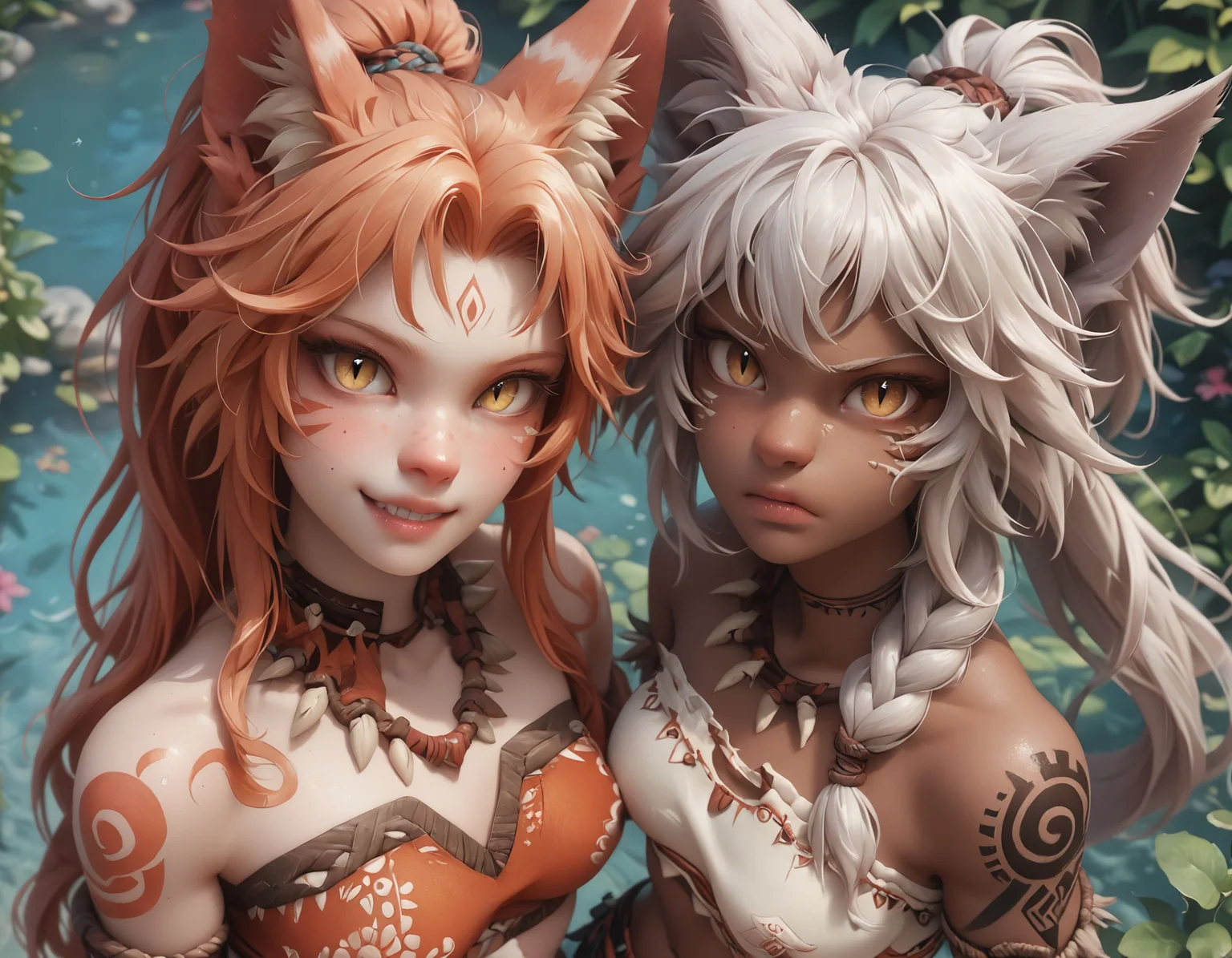 PonyScores7, 2girl, realistic, floral, looking at viewer, head tilt, ponytail, high angle, close-up, monster girl encyclopedia, animal ears, animal ear fluff, slit pupils, tribal tattoo, crop top,
ADDCOMM
<lora:FloralDolls_pony:1.0> Fl0ralD0lls
ADDBASE
pale skin, freckles, beauty mark, yellow eyes, grin,
ADDCOL
(dark skin:1.1), white hair, annoyed,
