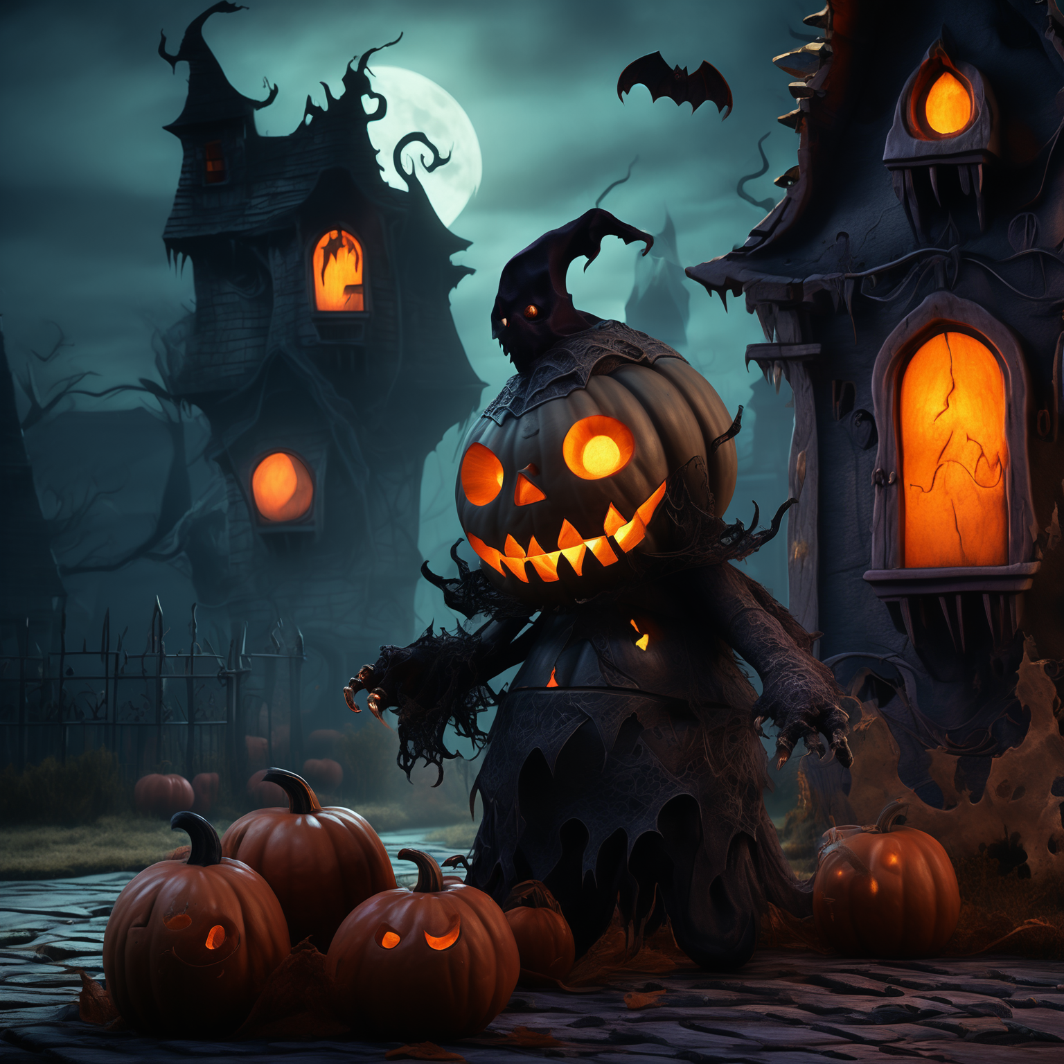 a menacing monster in a Halloween costume, lurking outside a haunting house, clutching a pumpkin in its gnarled claws. The monster's custom is a nightmarish creation, with tattered fabric, sharp fangs, and glowing eyes that pierce through the darkness. The haunting house looms behind, its weathered facade and broken windows adding to the eerie atmosphere. The pumpkin held by the monster is intricately carved with a wicked grin, its candlelight casting eerie shadows on the surroundings <lora:halloweenXL:1>