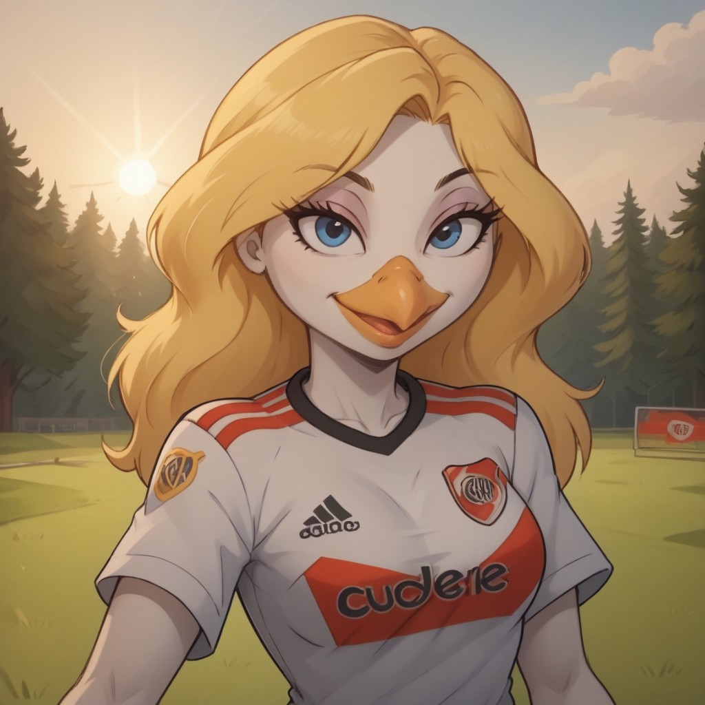 score_9, score_8, BREAK, solo, blonde hair, bird girl, humanoid bird, furry, beak, white skin, blue eyes, RiverPlate, striped shirt, striped, shirt, white shirt, short sleeves, clothes writing, sportswear, soccer uniform, Gandra_Dee_(DuckTales), sexy pose, self portrait, smile, outdoors, sunlight, shadows, evening lighting, natural lighting, forest, trees, grass, orange sky, sunset