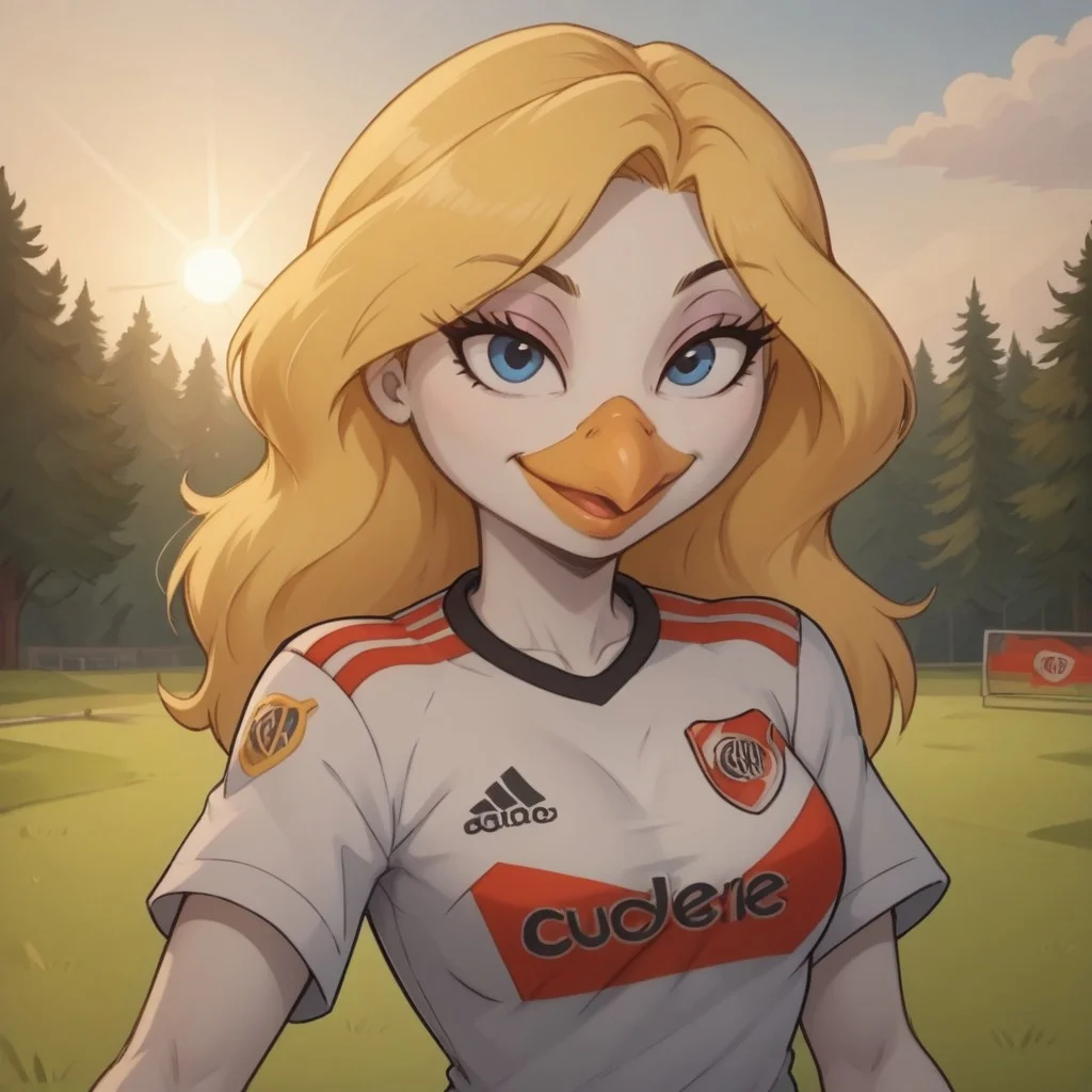 score_9, score_8, BREAK, solo, blonde hair, bird girl, humanoid bird, furry, beak, white skin, blue eyes, RiverPlate, striped shirt, striped, shirt, white shirt, short sleeves, clothes writing, sportswear, soccer uniform, Gandra_Dee_(DuckTales), sexy pose, self portrait, smile, outdoors, sunlight, shadows, evening lighting, natural lighting, forest, trees, grass, orange sky, sunset