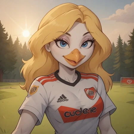 score_9, score_8, BREAK, solo, blonde hair, bird girl, humanoid bird, furry, beak, white skin, blue eyes, RiverPlate, striped shirt, striped, shirt, white shirt, short sleeves, clothes writing, sportswear, soccer uniform, Gandra_Dee_(DuckTales), sexy pose, self portrait, smile, outdoors, sunlight, shadows, evening lighting, natural lighting, forest, trees, grass, orange sky, sunset