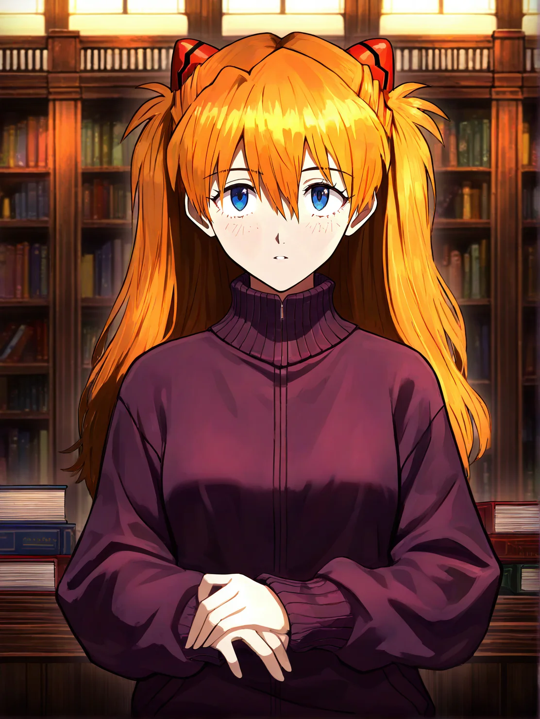 masterpiece,best quality,amazing quality,very aesthetic,absurdres,newest,huge filesize,<lora:limbus92:0.7>,limbusstyle,<lora:Best_Facial_Expression_Helper_XTREME_ILLU:0.3>,Hope,soft purple pullover, relaxed sleeves,old library, tall wooden shelves, dusty books,upper body,face focus,1girl,orange hair,blue eyes,neon_genesis_evangelion,souryuu asuka langley,