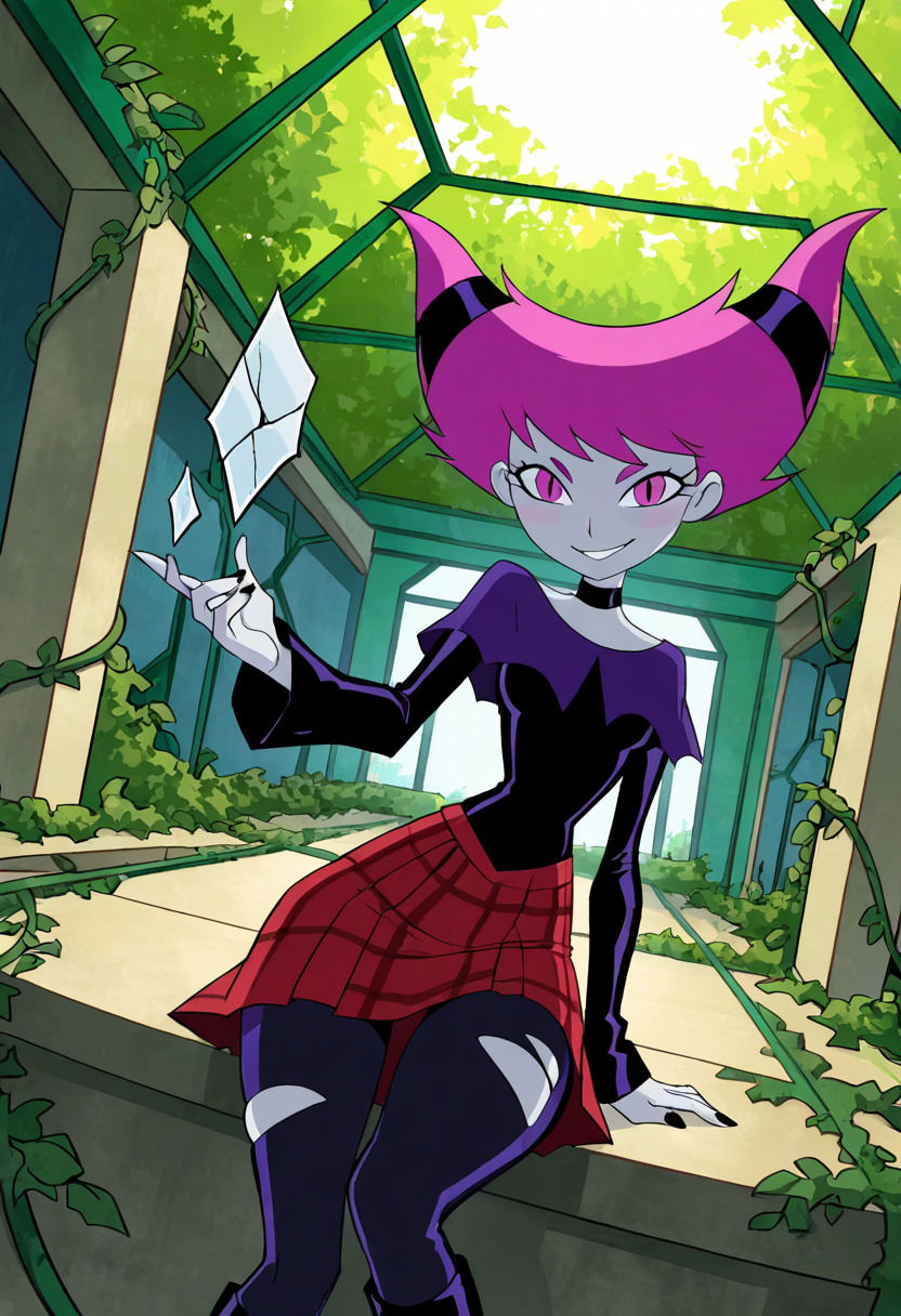 masterpiece, best quality, solo, curvy, beautiful eyes,  narrow waist, wide hips,  jnx, pink eyes, pink hair, grey skin, hair up, pale skin, medium hair, hair horns, short hair, colored skin, smile, looking at viewer,   ,       <lora:JinxTT_IXL:0.8>,   dynamic angle, foreshortening, close up, [Garden Punk Reverie], Ripped tights, plaid skirt, combat boots, oversized band tee, black nail polish, Lounging in an overgrown greenhouse, surrounded by vines, cracked glass, and soft sunlight.