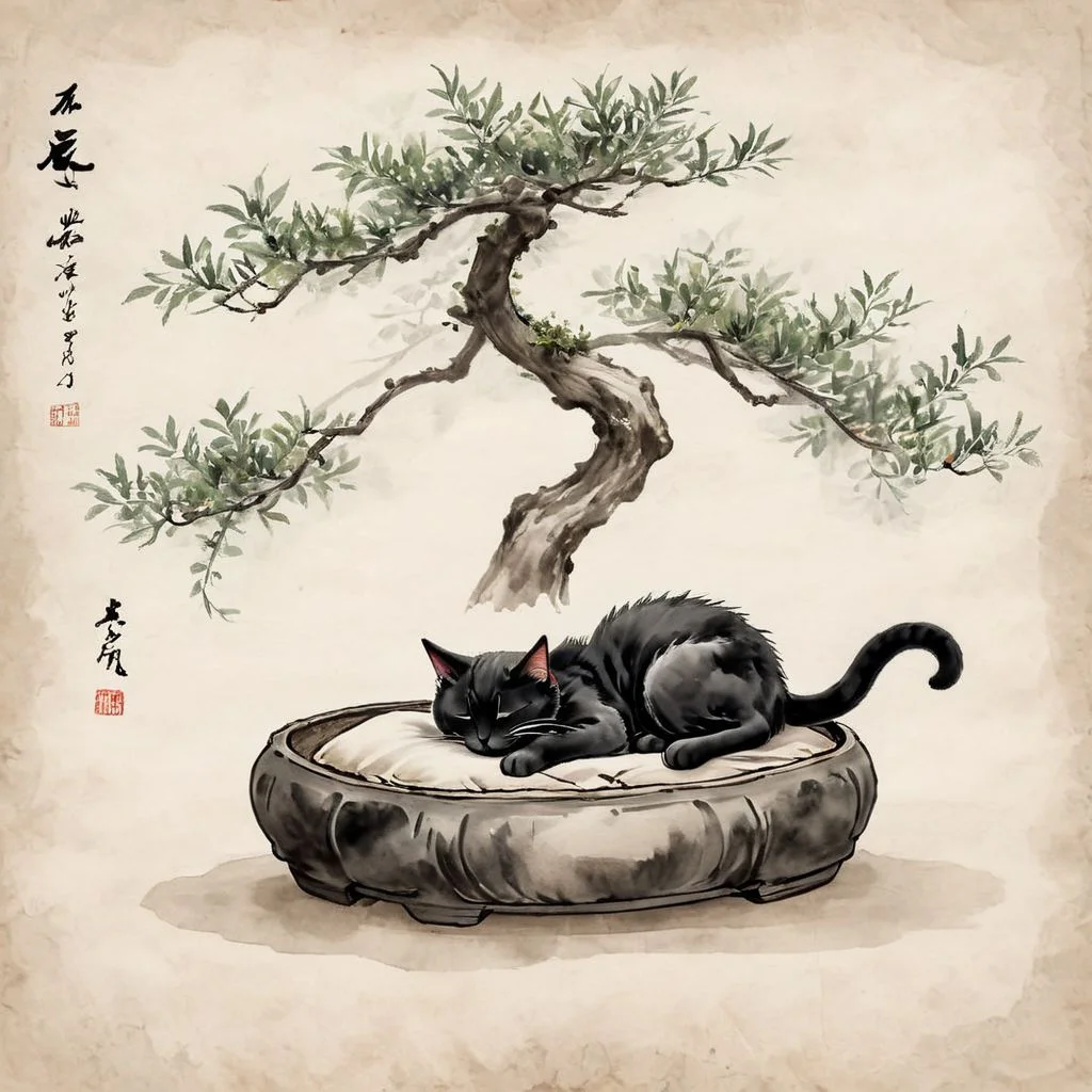 <lora:Ath_ink-painting_XL:1>,ink-painting,ink anf wash,painting \(medium\),traditionalmedia,watercolor\(medium\),A bonsai like tree with a cat sleeping under it,<lora:ParchartXL-2.0:0.8>, on parchment,, (masterpiece, best quality, high quality, highres, ultra-detailed),