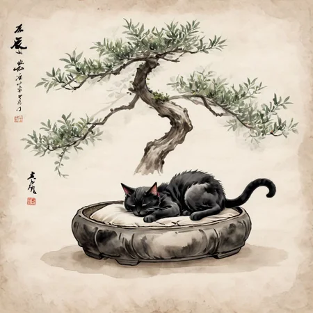 <lora:Ath_ink-painting_XL:1>,ink-painting,ink anf wash,painting \(medium\),traditionalmedia,watercolor\(medium\),A bonsai like tree with a cat sleeping under it,<lora:ParchartXL-2.0:0.8>, on parchment,, (masterpiece, best quality, high quality, highres, ultra-detailed),