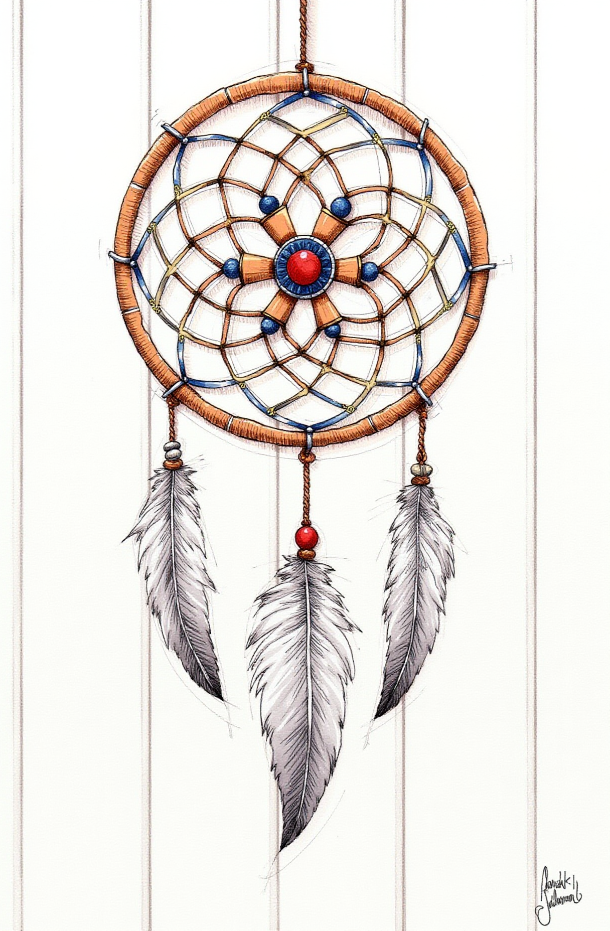 Sharp image of a rough sketch, rendered in vibrant multi colour ballpoint pen, capturing the adorable features of a dreamcatcher hanging on a white wooden wall. The dream catcher is made of a circular wooden frame with a white and brown color scheme. It has multiple layers of intricate patterns and designs, including circles, squares, and triangles. The center of the dream catcher has a red and blue bead in the center, surrounded by white and gray feathers. The feathers are arranged in a circular pattern, with some overlapping each other. The overall effect is a beautiful and intricate piece of art that is sure to add a touch of whimsy to any room.  p3nsk, <lora:p3nsk:1>
